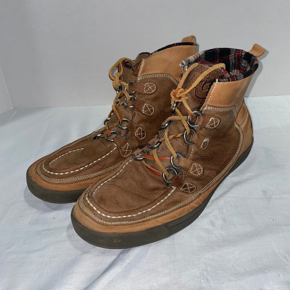 True Religion Mens Leather Moc Toe Boots Brown Plaid Lined TR220104-F03 Size 11